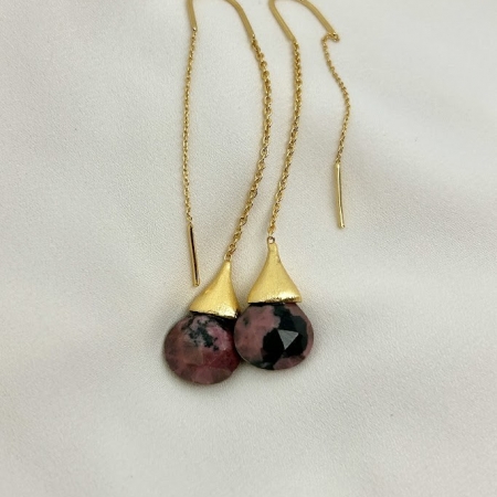 Boucles d'oreilles longues Goutte Rhodonite